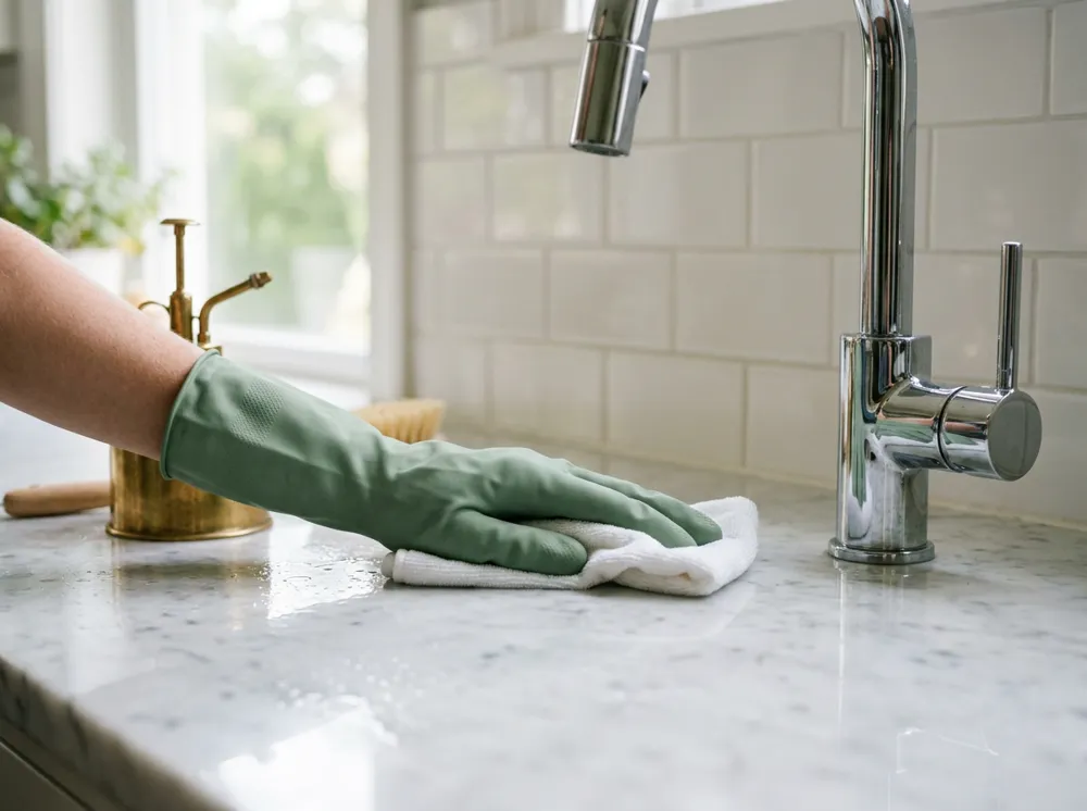 A gloved hand wiping a spotless kitchen bench